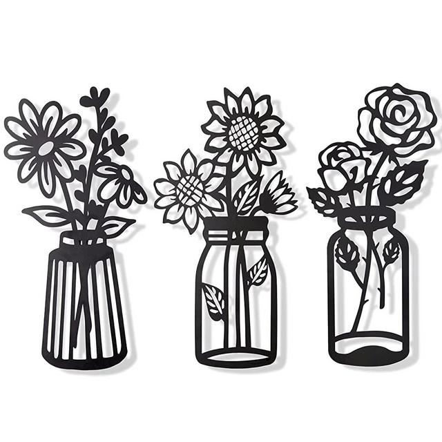 Set of 3 Metal Flowers Wall Decor Metal Flower Minimalism Metal Flower Wall Art Decor Wall Art Black Flower Iron Decor Metal Wall Sculpture for Patio Balcony Bathroom Decor Wall Art Bathroom Decor