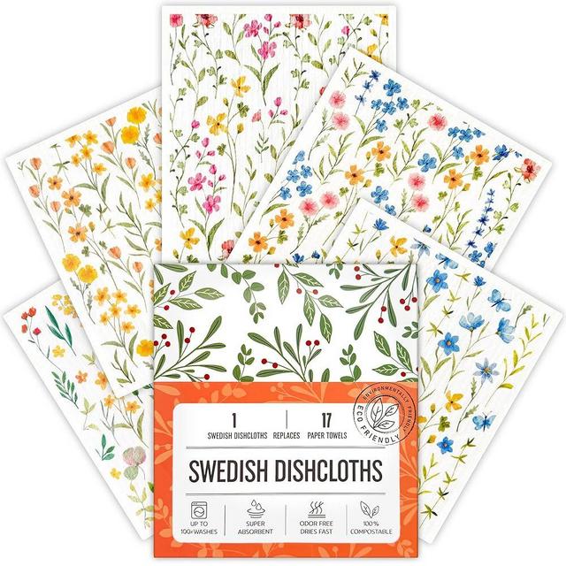 Augine Swedish Dishcloths for Kitchen, 5 Pack Flowers Reusable Paper Towels Washable, Super Absorbent Swedish Dish Cloths, Biodegradable, Non-Scratch, No Odor