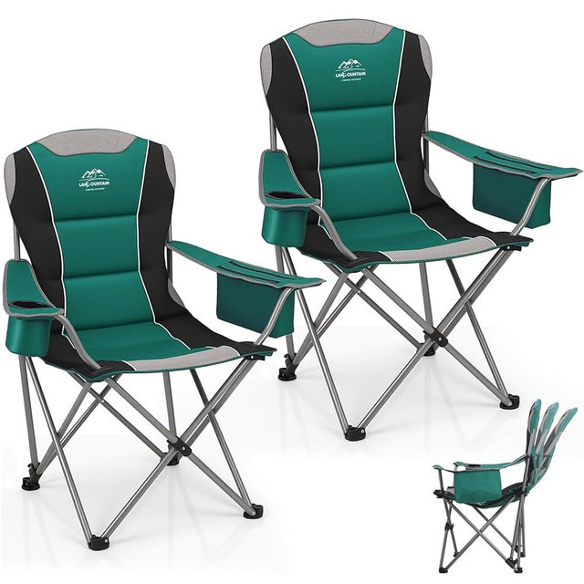 LANMOUNTAIN 2 Pack Camping Chairs,Oversized Folding Lawn Chairs for Adults w/3 Levels Adjustable Angled Backrest,Cup Holders,Cooler Bag,Heavy Duty Camp Chair Support to 400lbs,Portable for Outdoor