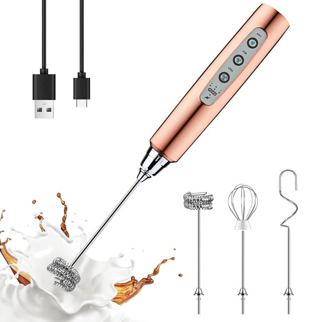 YUSWKO Rose Gold Handheld Milk Frother Wand for Coffee, Rechargeable Electric Whisk with 3 Heads 3 Speeds Drink Mixer Coffee Frother For Latte, Cappuccino, Hot Chocolate, Egg