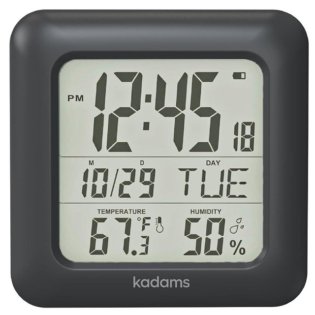 KADAMS Bathroom Clock Wall with Shatterproof LCD Screen – Waterproof Shower Clock Water Resistant with Temperature & Humidity Display Calendar in 7 Languages with 4 Installation Options, Black