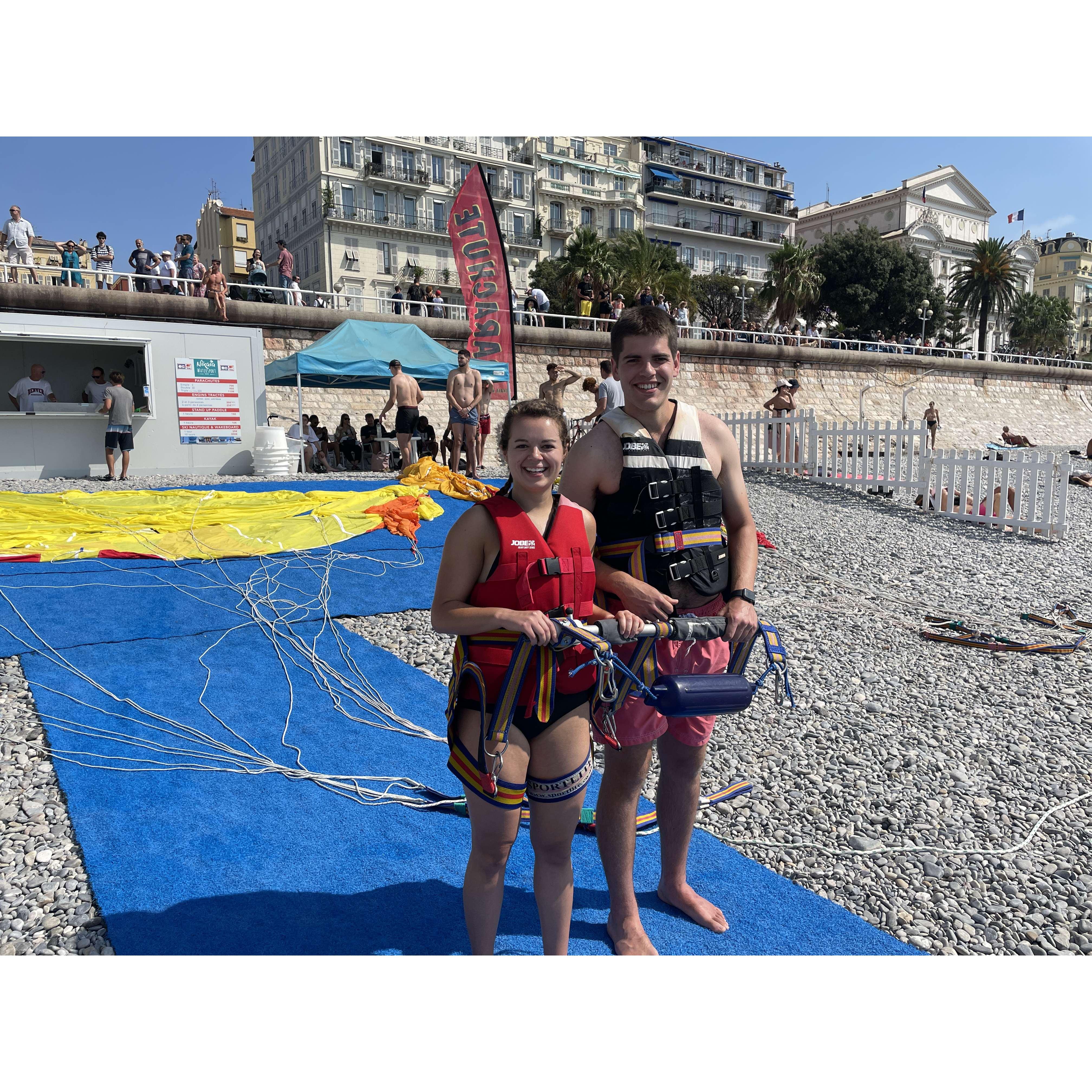 August 2022, Nice, France - Getting ready to parasail together over the Mediterranean!