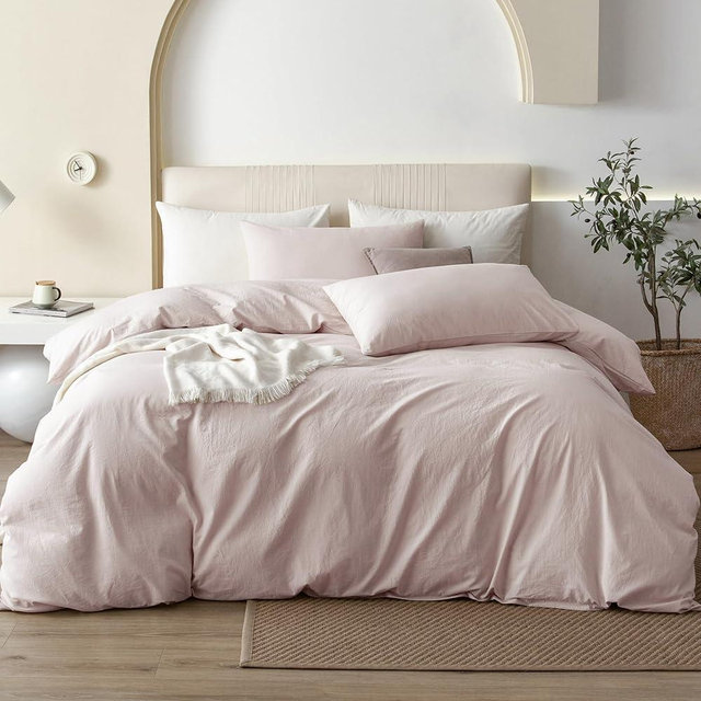 JIYUAN 100% Washed Cotton Duvet Cover Set Comfy Simple Style Soft Breathable Textured Durable Linen Feel Bedding for All Seasons Queen, Solid Greyish Pink