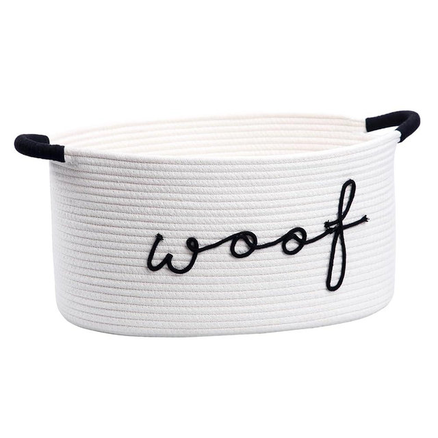 CIKI HOME Woof Dog Toy Baskets Cotton Rope Pet Toy Bin with Durable Handles, Large Dog Toy Storage Basket Puppy Bins Perfect for Organizing Chew Toys Blankets and Leashes