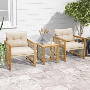 Costway 3PCS Patio PE Wicker Conversation Set Acacia Wood Frame with Seat & Back Cushions