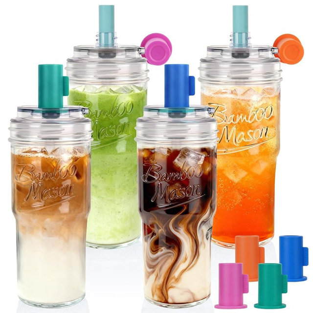 ANOTION Bamboo Mason 24oz Glass Tumbler with Straw Leakproof Lid, Cap Cup Mason Jar 4 Color Caps, Self-Assembly Leak-Proof Lid Straw, Reusable Iced Coffee Cup, Mason Jar Drinking Glass Coffee Gifts