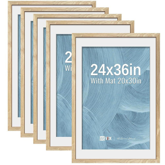 VCK 24x36 Poster Frame 5 Pack - Natural Wood Grain, High-End Wood Picture Frames with Polished Plexiglass, Display 20x30 Photo with Mat or 24x36 without Mat, Art Gallery-Quality, Wall Hanging, Natural