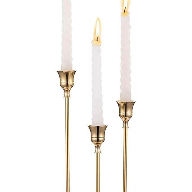 IBSales | Set of 3 Metal Taper Candle Holders – Gold Vintage-Inspired Decorative Centerpiece for Table, Mantel, Wedding, or Housewarming Gift – Elegant Modern Design.