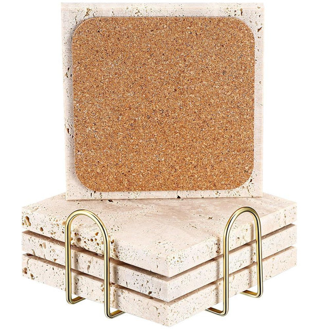 Yiyiring 4 Pcs 4” Diameter Stone Travertine Coaster Set with Holder Drink Coasters Table Coasters Square Stone Set for Coffee Table Wedding Gift