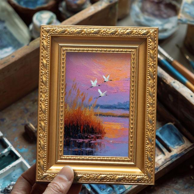 Original Landscape Oil Painting, Small Hand Painted Wall Art, Winter Decor, 4x6 Gold Framed, Christmas Gift for Friends
