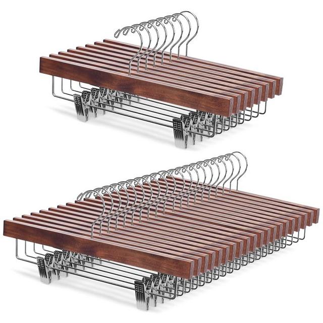 Nature Smile Deluxe Wooden Pants Hangers,Solid Lotus Wood Jeans Skirt Hanger with Clips Anti-Rust Hook Pack of 28（Retro）