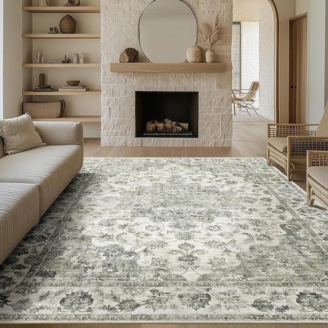 WondRg 8x10 Washable Neutral Area Rug Green Floral Living Room Bedroom Large Carpet Non-Slip Low Pile Vintage Soft Thin Throw Rug for Dining Room Office Kitchen Indoor Nursery