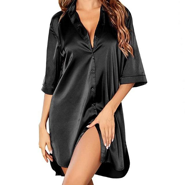 Ekouaer Women's Nightgown Button Down Sleepshirt Satin 3/4 Sleeve Nightshirt Boyfriend Notch Collar Sleepwear