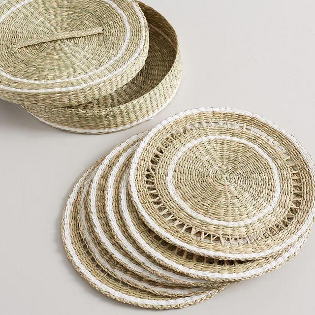 White Rim Woven Seagrass Placemats with Holder, Set of 6