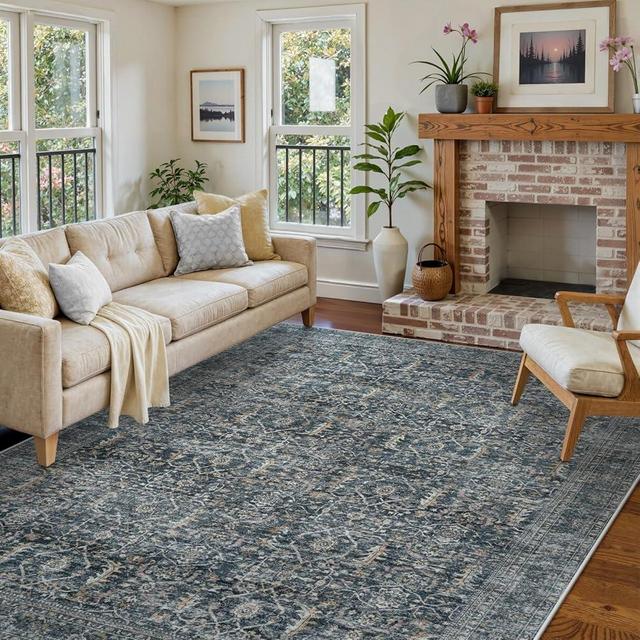Collive Large Area Rug for Living Room 9x12, Washable Area Rug 9x12 Non Slip Vintage Distressed Bedroom Carpet Ultra-Thin Low Pile Aesthetic Print Floor Rug for Dining Guest Office - Blue/Grey