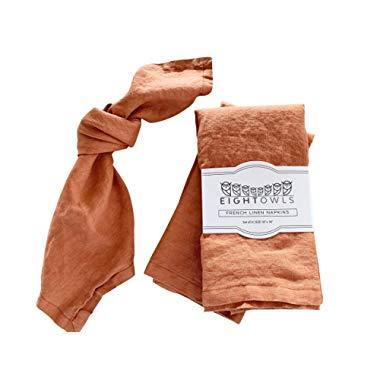Eight Owls Linen Napkins –100% French Flax – Stonewashed Pure Linen Cloth Napkins - Size 18 Inch x 18 Inch – Set of 4 (Rustic Orange)