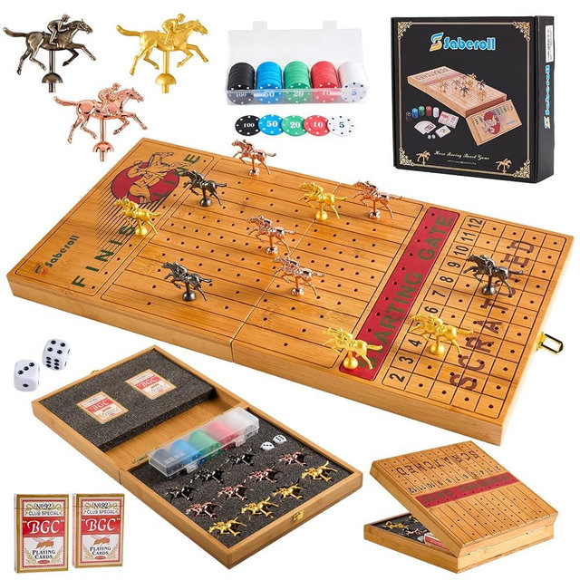 Large 23 inches Bamboo Horse Racing Board Game Foldable Horse Race Board Game with 11 Metal Horses 2 Dice 2 Decks of Cards and 100PCS Chips