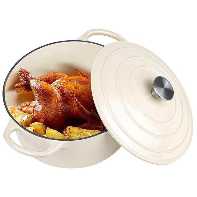 Miereirl 6 QT Enameled Dutch Oven Pot with Lid, Cast Iron Dutch Oven with Dual Handles for Bread Baking, Cooking, Non-stick Enamel Coated Cookware (Beige)