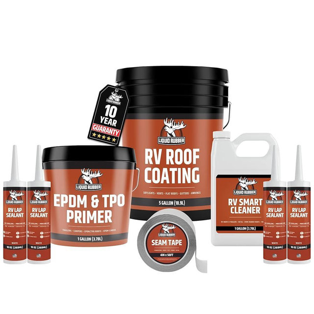 Liquid Rubber RV Roof Coating 30 Ft Leak Repair Kit – Solar Reflective, Waterproof & Weatherproof Protection – Complete System with Sealer, EPDM Primer, Cleaner, Seam Tape & Lap Sealant