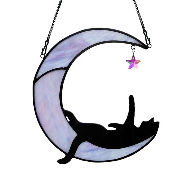 BOXCASA Black Cat Moon Suncatchers for Windows Hanging,Funny Stained Glass Cats Gift,Witchy Gifts for Women,Cats Themed Gifts for Women