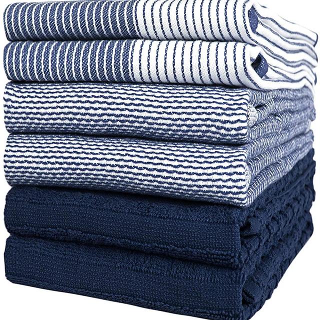 Premium Kitchen Towels (20”x 28”, 6 Pack) – Large Cotton Kitchen Hand Towels – Flat & Terry Towel – Highly Absorbent Tea Towels Set with Hanging Loop (Navy Blue)