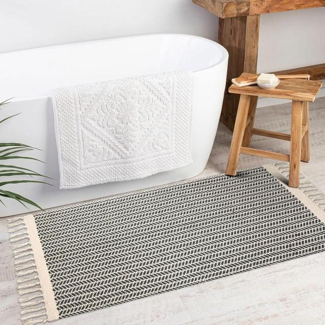 Lahome Boho Kitchen Runner, 2x4.3 Bathroom Runner Rug Lightweight Entryway Rug Woven Cotton Throw Mat with Tassels, Farmhouse Non-Shedding Washable Grey Rug Low Pile Runner for Bedroom Doorway