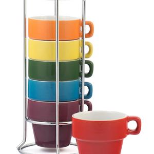 Color Ceramic Espresso Mug Set of 6 Small (3 oz.) Stackable Espresso Cups with Chrome Stand, Mulicolor Rainbow Flag Colors
