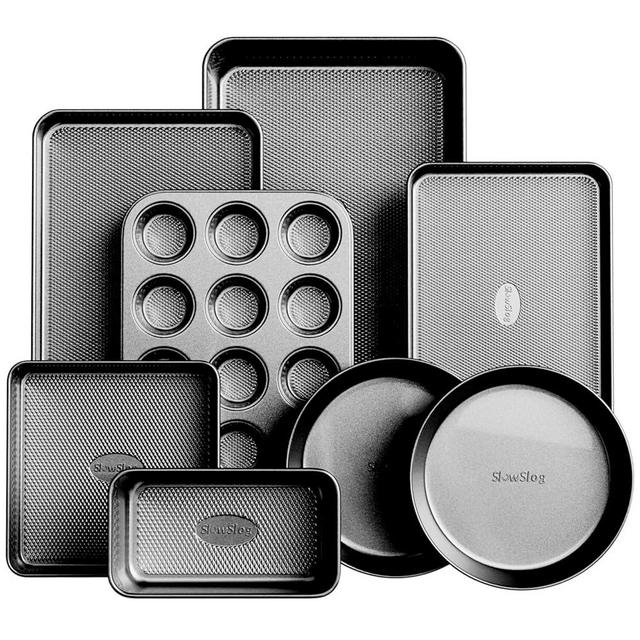 Slow Slog Nonstick Baking Pans Set, 8-Piece Stackable Bakeware Sets, Non-Toxic Oven Pan Set, Includes Baking Sheet, Cake Pan, Muffin Pan, Loaf Pan, Square Pan, Cookie Sheet & Roasting Pan, Black