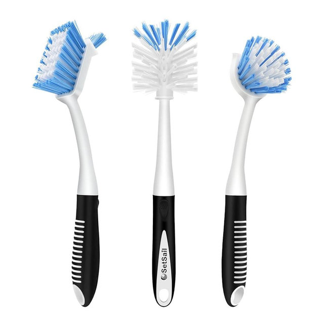 SetSail Dish Brush Set of 3 with Bottle Brush, Dish Scrub Brush with Long Handle Deep Cleaning Handle Brush with Scraper Tip for Kitchen Sink Dishes Bottle Cup Pot and Pans Tile Lines, Black Blue
