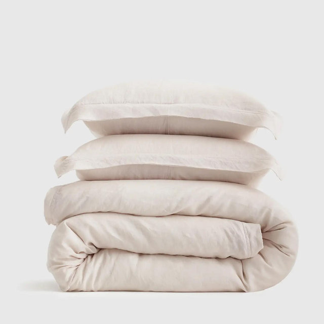 European Linen Double Flange Duvet Cover Set - Sand, Full/Queen