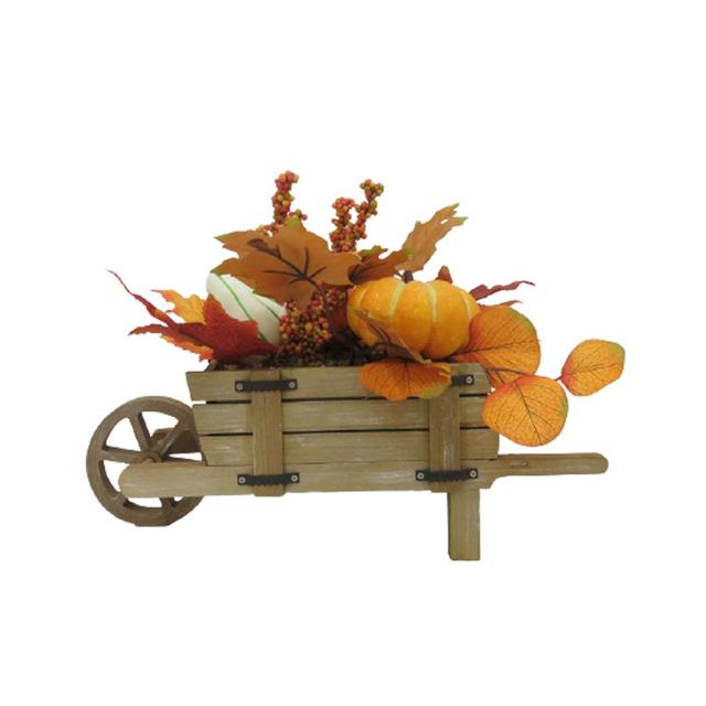Fall Harvest 16-Inch Wood Wheel Barrow Decoration with Floral