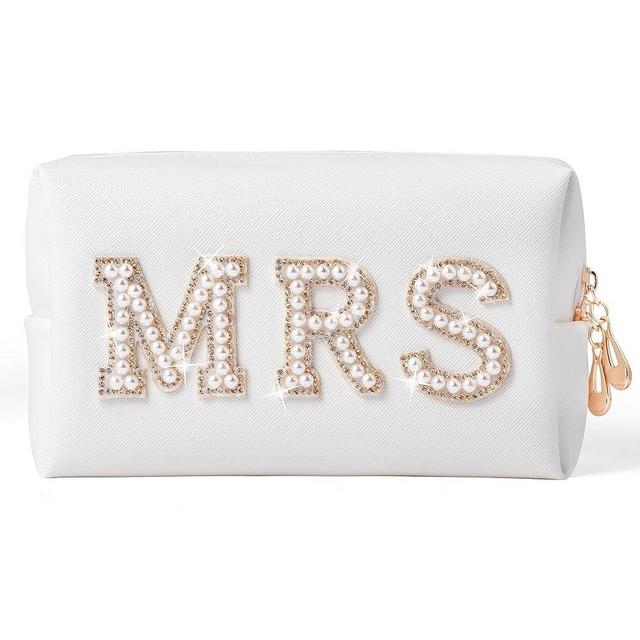 Y1tvei Large Bride Gold MRS Patch Varsity Letter Cosmetic Toiletry Pearl Rhinestone Letter Patches Makeup Bag PU Leather Waterproof Portable Zipper Big Travel Organizer for Wedding Bride Bridesmaid