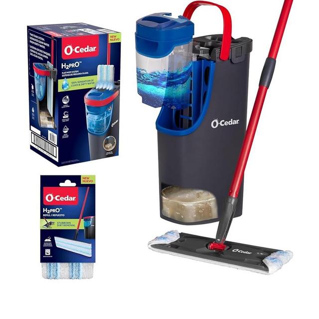 O-Cedar H2prO Flat Mop System with 1 Mop Head Refill | Quick Cleaning Tool | Clean with Clean Water | Machine Washable Reusable Microfiber Mop Pad | Safe on Wood Floors, Vinyl, Tile, Baseboards, Walls