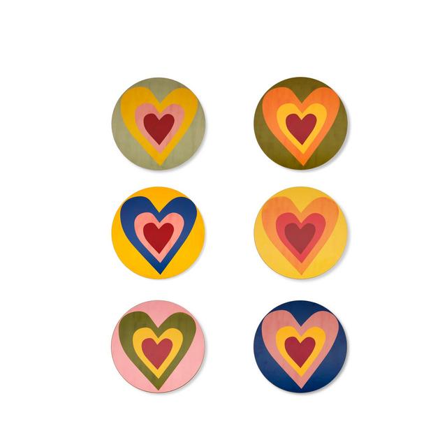 Set of Six Heart Cork-Backed Placemats/Chargers in Mixed Colours