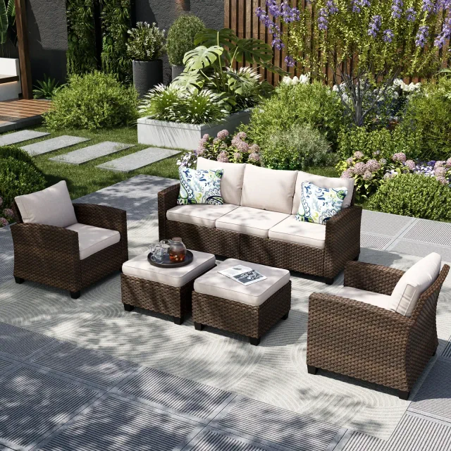 Captiva Designs 5pc Outdoor Patio Wicker Conversation Set with Cushioned Rattan Chairs for Garden Poolside Backyard Beige