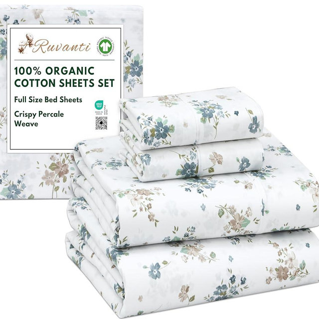RUVANTI 100% Organic Cotton Sheets Full Size, Percale Weave, GOTS Certified, 4-Piece Set, Deep Pocket 15", Crisp & Breathable, Soft Durable Bedding, Sábanas Algodón Orgánico – Halcyon