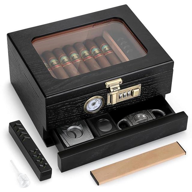 Tesonway Cigar Humidor, Cedar Wood Humidor Cigar Box, Glass Top Desktop Humidor with Front Hygrometer, Humidifier, Divider, Accessories Drawer and Combination Lock, Holds 20-35 Cigars