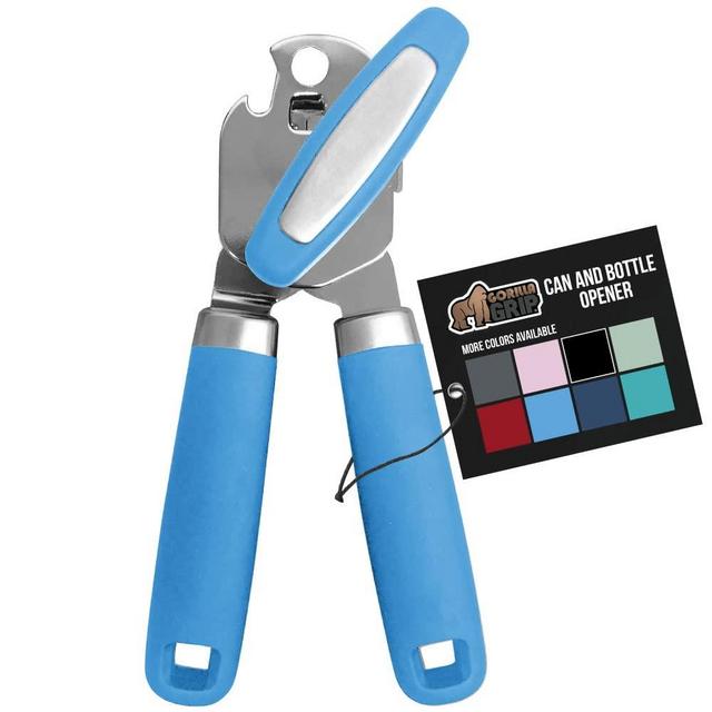 Gorilla Grip Manual Handheld Strong Can Opener, Sharp Cutting Wheel for Smooth Edge Cut, Comfortable Soft Handle, Oversized Easy to Use Turn Knob, Includes Built in Bottle Opener, Aqua