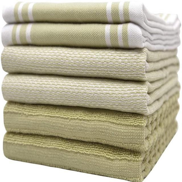 Premium Kitchen Towels (20”x 28”, 6 Pack) – Large Cotton Kitchen Hand Towels – Vintage Striped Flat & Terry Towel – Highly Absorbent Tea Towels Set with Hanging Loop – Sage Green