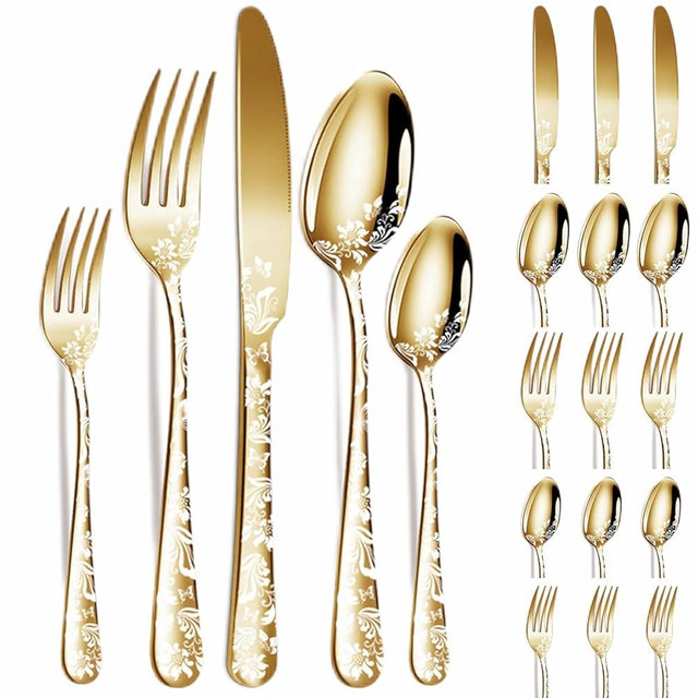 vilihkc Vilihkc 20 piece Unique Pattern Design Silverware Set, Stainless Steel Flatware Set Service for 4, gold Cutlery Set, Mirror Polished Utensil Set for Kitchen, Dishwasher Safe