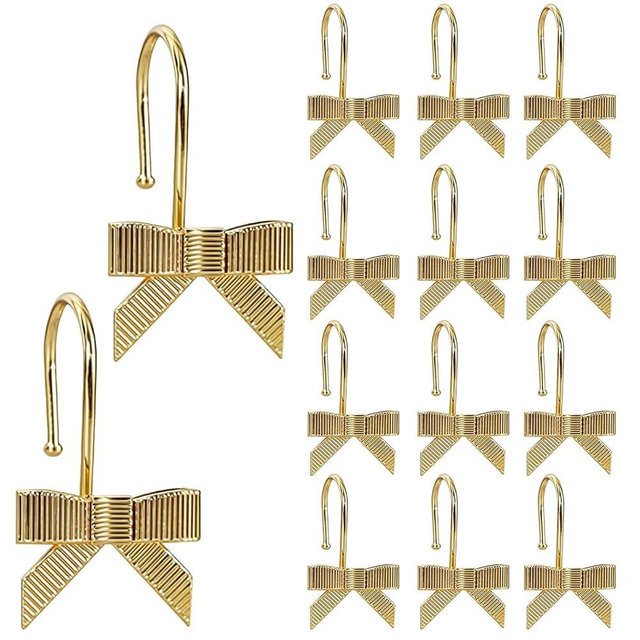 CTOHN 12-Piece Gold Bow Shower Curtain Hooks, Cute Metal Bows Decorative Shower Hangers Rings for Bathroom Decor
