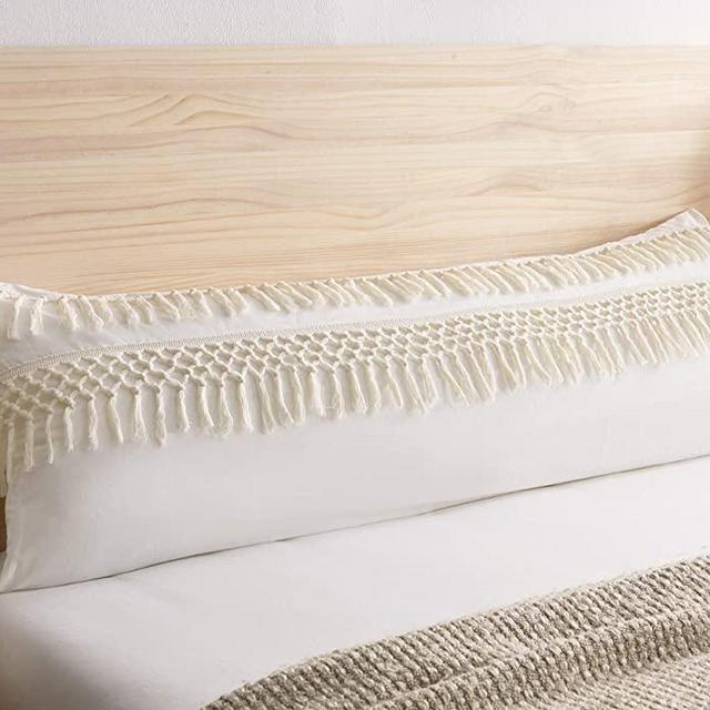 Boho Bohemian Macrame Tassel Ivory accent decorative couch long throw zipper body pillow cover case 54x20 Off White Cream Beige Cotton Fringe Knit Luxury Farmhouse Textured Rustic Tufted Room Decor
