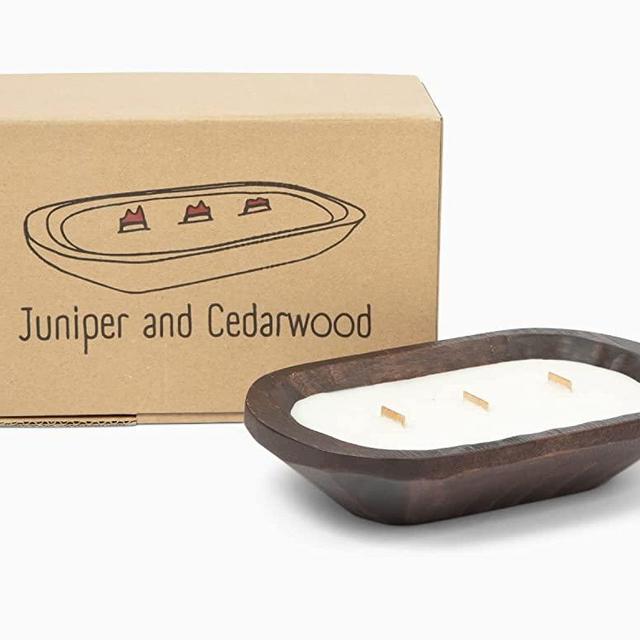 Wick Wooden Dough Bowl Gift Boxed Candle | Beautifully Packaged | High Fragrance Load | Long Burn Times (Juniper and Cedar Wood, Small)