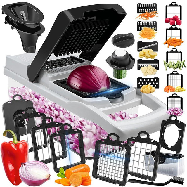 Vegetable Chopper, 10 Blades Slicer Onion Dicer, Multi 23-in-1 Veggie Mandoline Food Cutter for Tomato Fruit, Vegetable cutter with Hand Protector, Egg Separator & Slicer, Container（White）