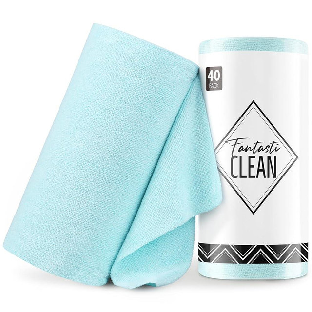 Fantasticlean Microfiber Cleaning Cloth Roll -40 Pack, Tear Away Microfiber Towels, 12" x 12", Reusable, Washable, Scratch Free, Ultra Absorbent Dish Rags for Car, Home, Garage or Shop (Blue)