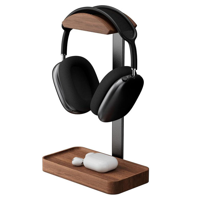 muso wood Walnut Headphone Stand, Wood Headset Stand with Storage Base, Headphones Holder for Gaming, Office, and Home Desk - Compatible with AirPods Max, Bose, Razer (Black)