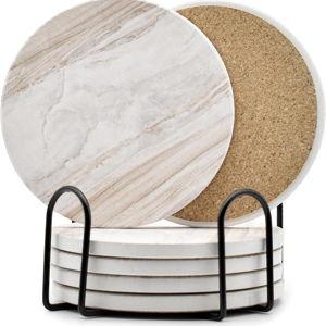 6Pcs Drink Coasters with Holder, Marble Style Ceramic Drink Coaster, Absorbent Coasters Set Suitable for Kinds of Cups, Modern Style Coaster for Coffee Table, 4 Inches