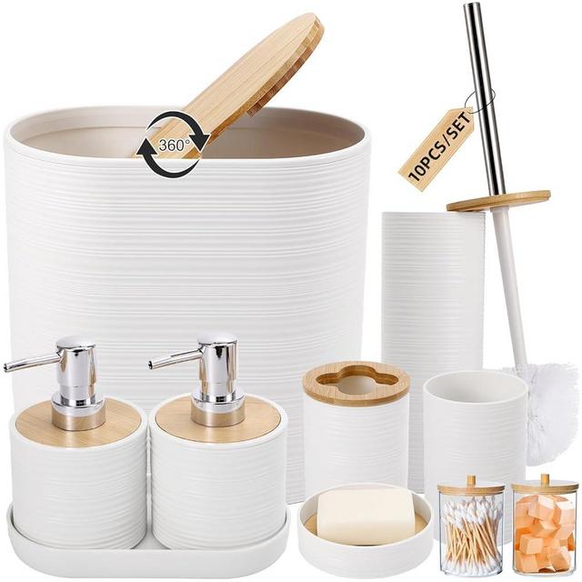XLHOMO White Bathroom Set, White Bathroom Accessories Set with Trash Can, 2PCS Soap Dispensers, Soap Dish, Toothbrush Holder, Toothbrush Cup,Toilet Brush, Tray and Qtip Holders for Bathroom Decor