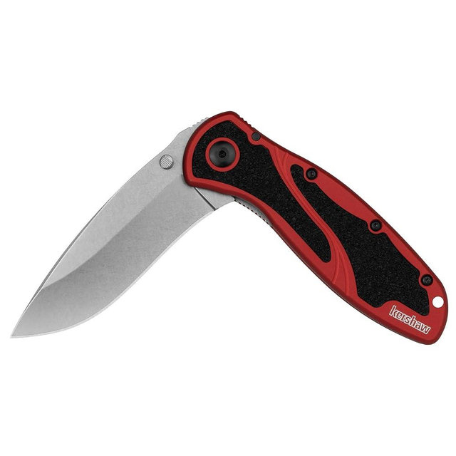 Kershaw Blur Folding Pocket Knife, 3.4 inch Stonewashed 14C28N Steel Blade, Red Anodized Aluminum Handle with Black Trac-Tec Inserts, Reversible Pocketclip; 3.9 OZ
