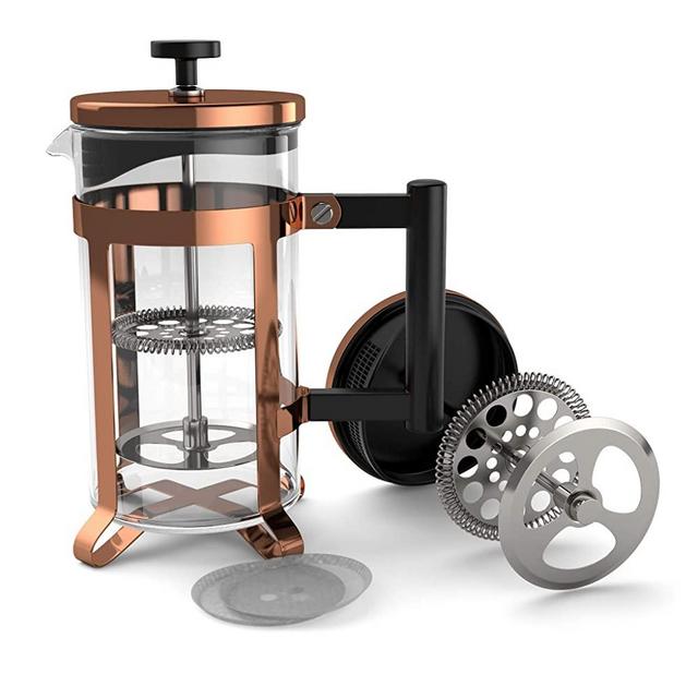 bonVIVO GAZETARO III Small French Press Coffee Maker - Glass French Coffee Press Machine Made of Heat Resistant Stainless Steel and Borosilicate Glass in Copper Finish, With Filter, 12 ounces